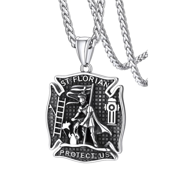 FaithHeart St Florian Firefighter Necklace for Men, Silver Stainless Steel Protection Amulet Shield Medal Pendant Necklaces Religious Christian Jewelry Gifts for Police Dad Son Father's Day