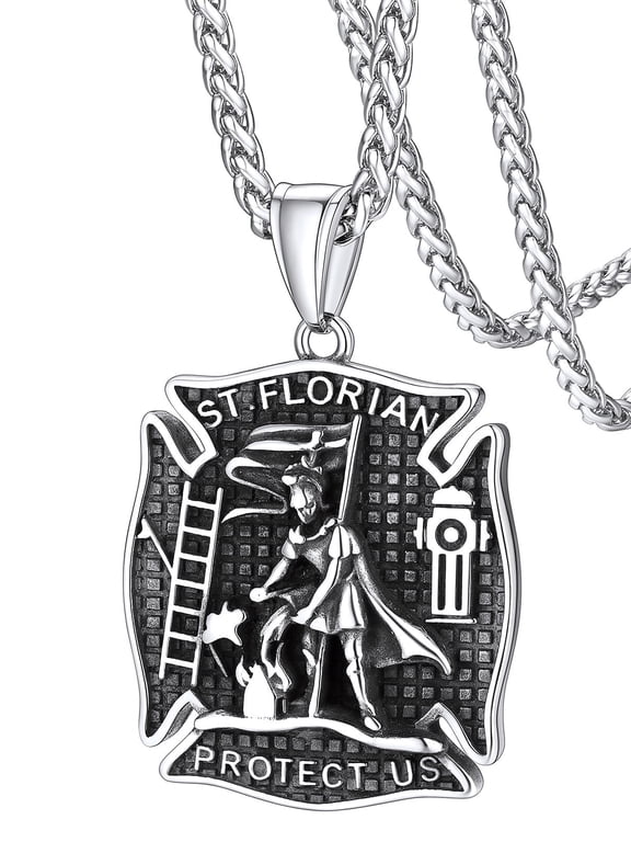 St Florian Firefighter Necklace for Men, Silver Stainless Steel Protection Amulet Shield Medal Pendant Necklaces Religious Christian Jewelry Gifts for Police Dad Son Father's Day