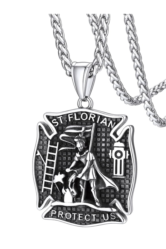 St Florian Firefighter Necklace for Men, Silver Stainless Steel Protection Amulet Shield Medal Pendant Necklaces Religious Christian Jewelry Gifts for Police Dad Son Father's Day