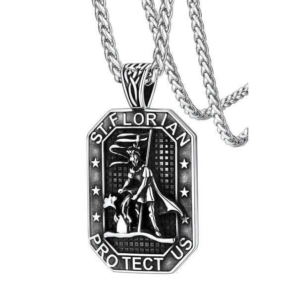 FaithHeart St Florian Firefighter Necklace for Men, Silver Stainless Steel Protection Amulet Shield Medal Pendant Necklaces Religious Christian Jewelry Gifts for Police Dad Son Father's Day