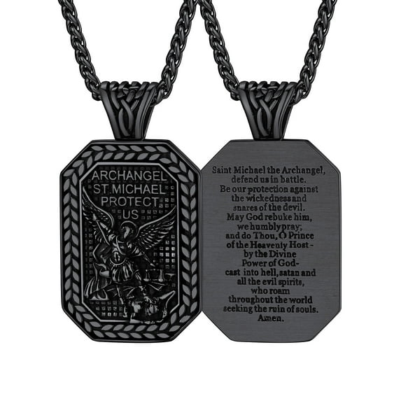 FaithHeart St Michael Archangel Necklace for Men Stainless Steel Black Catholic Protection Octagon Amulet Medal Pendant Jewelry Gift for Son Brother Christmas