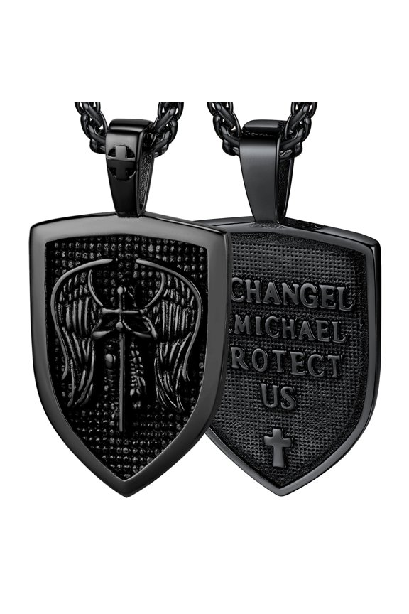 St Michael Archangel Necklace for Men Stainless Steel Black Catholic Protection Shield Amulet Medal Pendant Jewelry Gift for Friends Grandson Birthday