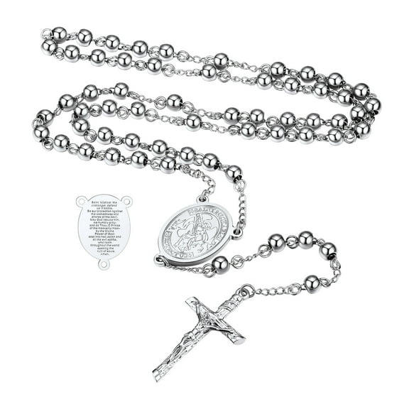 FaithHeart St Michael the Archangel Rosary Necklace for Men Catholic Holy Blessed Bead Crucifix Cross Pendant Y Necklace Birthday Christmas Jewelry for Boyfriend Husband with Gift Box