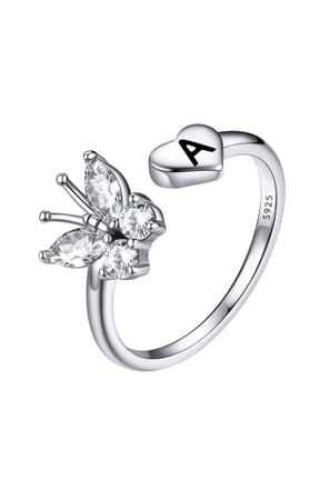 Sterling Silver Butterfly Initial Rings for Women Adjustable Open Stackable Heart Finger Ring Dainty Cubic Zirconia Jewelry Gift Letter A