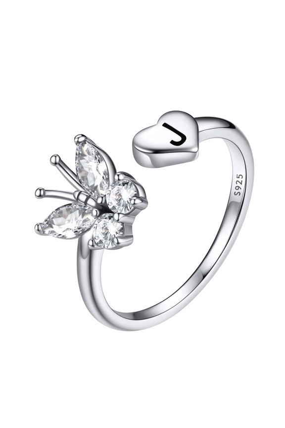 Sterling Silver Butterfly Initial Rings for Women Adjustable Open Stackable Heart Finger Ring Dainty Cubic Zirconia Jewelry Gift Letter J