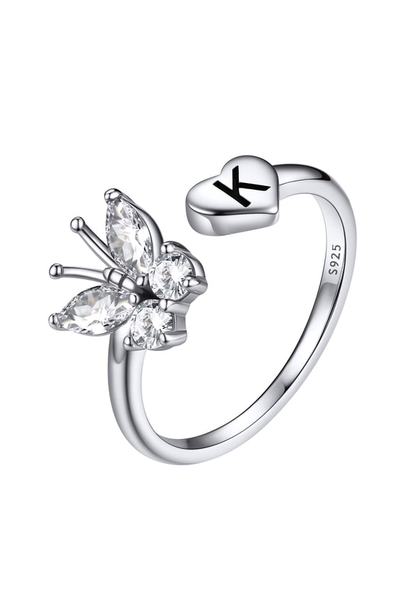 Sterling Silver Butterfly Initial Rings for Women Adjustable Open Stackable Heart Finger Ring Dainty Cubic Zirconia Jewelry Gift Letter K