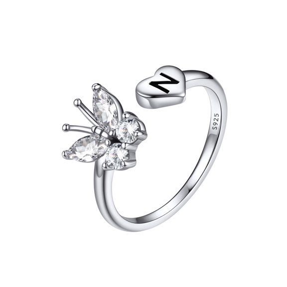 FaithHeart Sterling Silver Butterfly Initial Rings for Women Adjustable Open Stackable Heart Finger Ring Dainty Cubic Zirconia Jewelry Gift Letter N