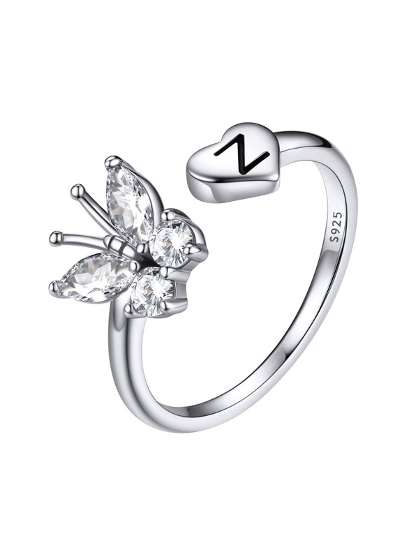 Sterling Silver Butterfly Initial Rings for Women Adjustable Open Stackable Heart Finger Ring Dainty Cubic Zirconia Jewelry Gift Letter Z