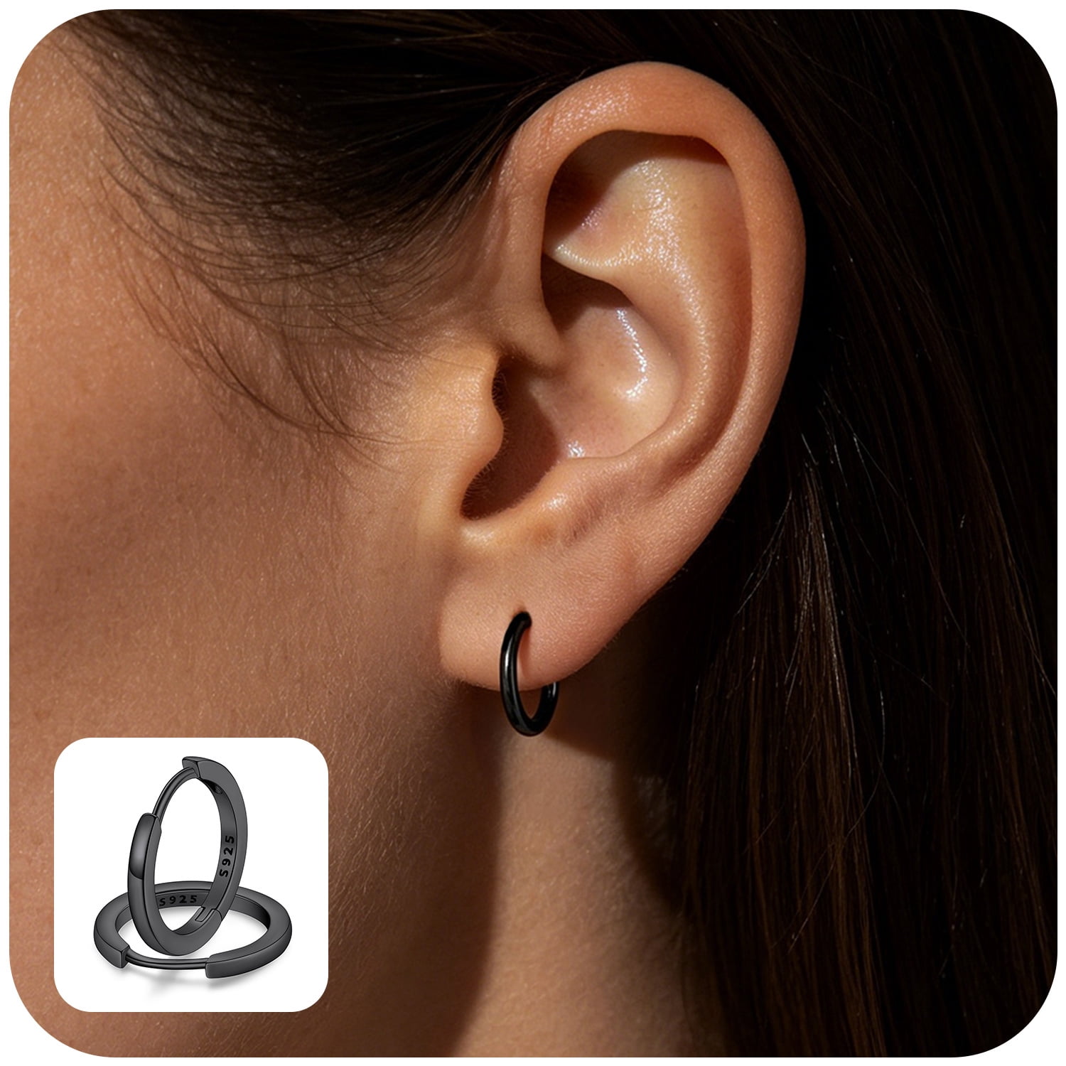 FaithHeart Sterling Silver Huggie Hoop Earrings for Women, Hypoallergenic Lightweight Small Cartilage Earrings Cuff Tragus Black Hoop Earrings for Granddaughter Christmas Jewelry Gift 12mm