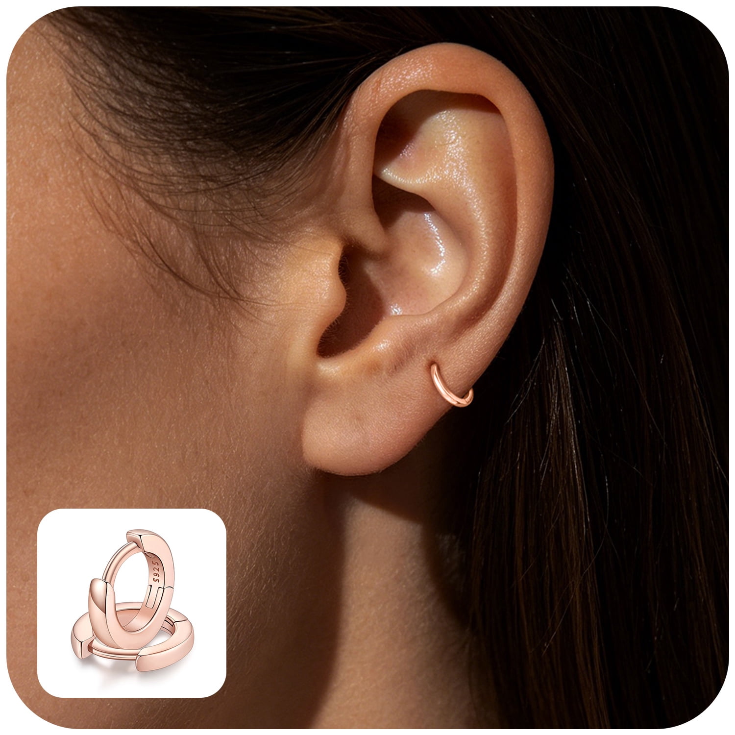 FaithHeart Sterling Silver Huggie Hoop Earrings for Women, Hypoallergenic Lightweight Small Cartilage Earrings Cuff Tragus Rose Gold Plated Hoop Earrings for Daughter Birthday Jewelry Gift 6mm