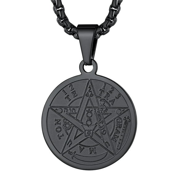 FaithHeart Tetragrammaton Pentacle Necklace for Men, Black Stainless Steel The Ancient Power Name of God Protection Wicca Amulet Pendant Jewelry Gift for Boyfriend Husband Valentine's Day