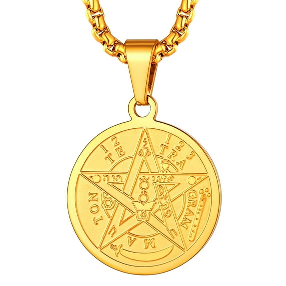 FaithHeart Tetragrammaton Pentacle Necklace for Men, Gold Plated Stainless Steel Eliphas Levi's Pentagram Protection Wicca Amulet Medal Pendant Jewelry Gift for Dad Grandpa Fathers Day