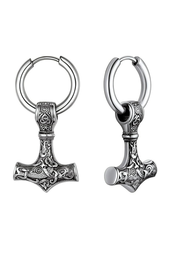 Viking Thor Hammer Earrings for Men Women Stainless Steel Norse Mythology Ear Drops Punk Jewelry Gift for Dad Grandpa Fathers Day Christmas