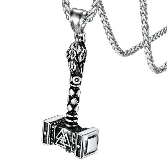 FaithHeart Thors Hammer Necklace for Men Silver Stainless Steel Norse Mythology Valknut Amulet Nordic Mjolnir Pendant Viking Jewelry Gift for Dad Grandpa Fathers Day
