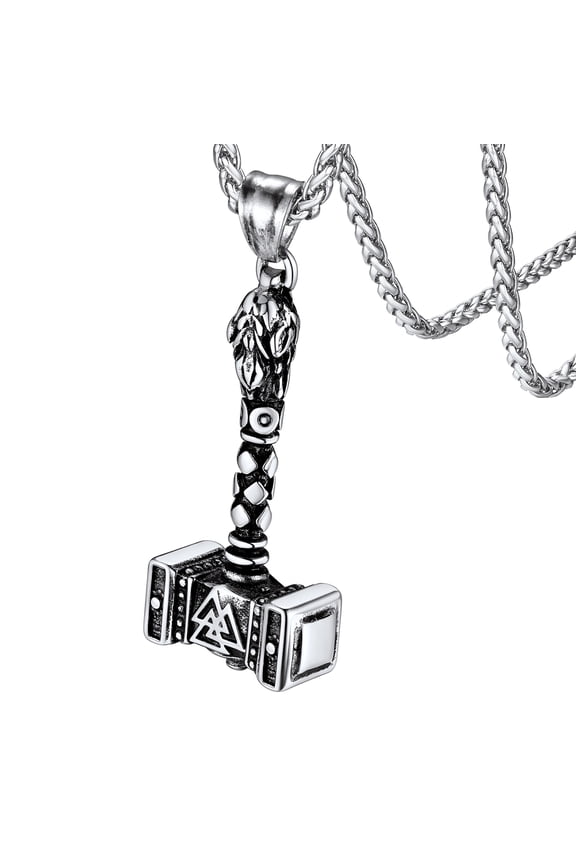 Thors Hammer Necklace for Men Silver Stainless Steel Norse Mythology Valknut Amulet Nordic Mjolnir Pendant Viking Jewelry Gift for Dad Grandpa Fathers Day