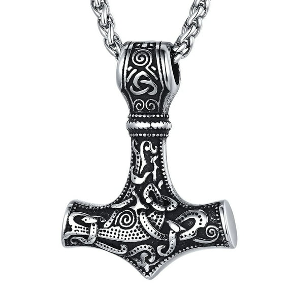 FaithHeart Thors Hammer Celtic Necklace for Men Silver Stainless Steel Norse Mythology Amulet Nordic Mjolnir Pendant Viking Jewelry Gift for Dad Grandpa Fathers Day