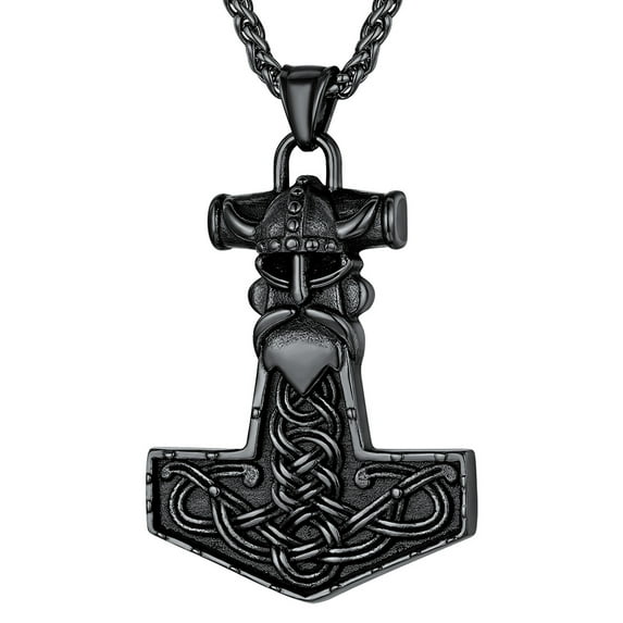 FaithHeart Thors Hammer Odin Necklace for Men Black Stainless Steel Norse Mythology Amulet Nordic Mjolnir Pendant Viking Jewelry Gift for Son Brother Christmas