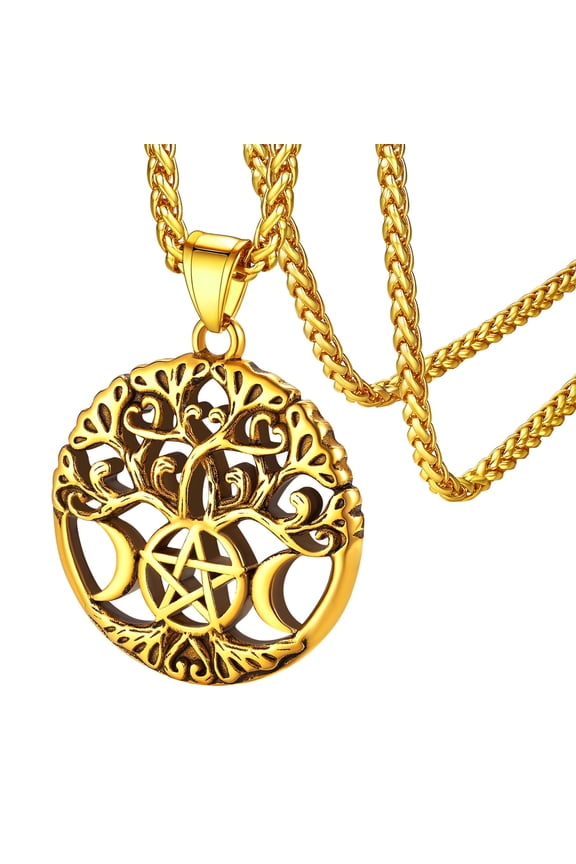 Moon Necklace for Women Pentagram Tree of Life Gold Plated Stainless Steel Pendant Wicca Jewelry Amulet Birthday Christmas Jewelry Gift for Mom Grandmother