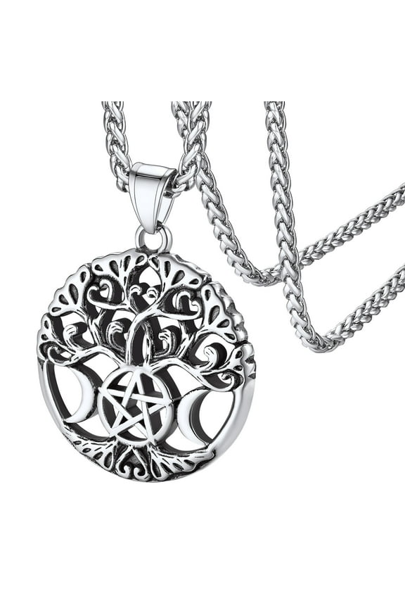 Moon Necklace for Women Pentagram Tree of Life Stainless Steel Pendant Wicca Jewelry Amulet Birthday Christmas Jewelry Gift for Mom Grandmother