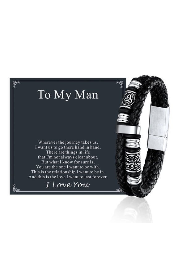Viking Bracelet for Men with To My Man Card, Mens Double-Row Braided Leather Bracelets Stainless Steel Clasp Compass Wristband Vintage Norse Jewelry Gifts for Husband Christmas 9"