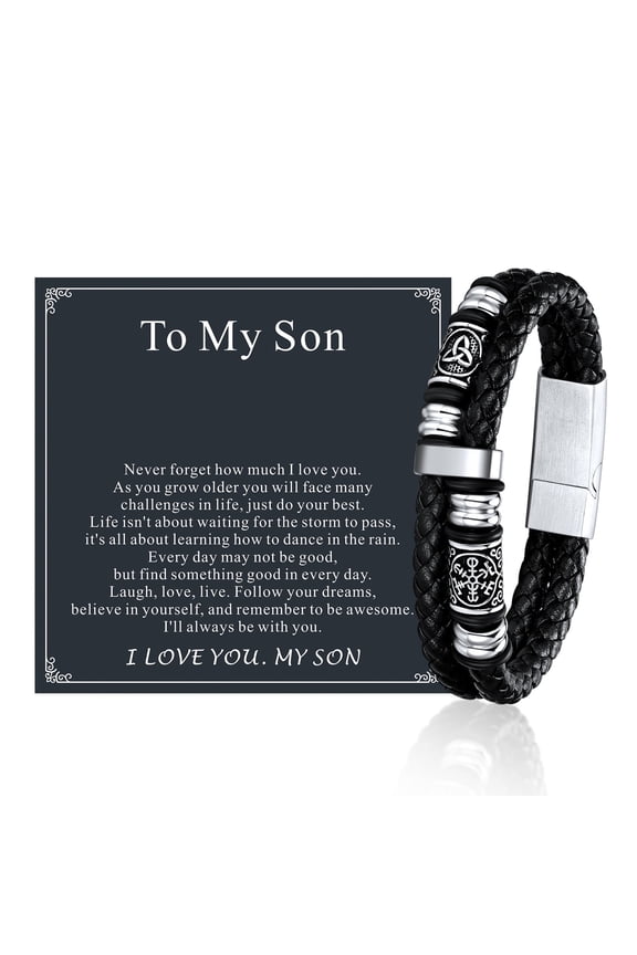 Viking Bracelet for Men with To My Son Card, Mens Double-Row Braided Leather Bracelets Stainless Steel Clasp Compass Bangle Vintage Norse Jewelry Gifts for Son Birthday Christmas 7.5"