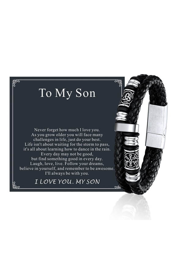 Viking Bracelet for Men with To My Son Card, Mens Double-Row Braided Leather Bracelets Stainless Steel Clasp Compass Bangle Vintage Norse Jewelry Gifts for Son Birthday Christmas 9"