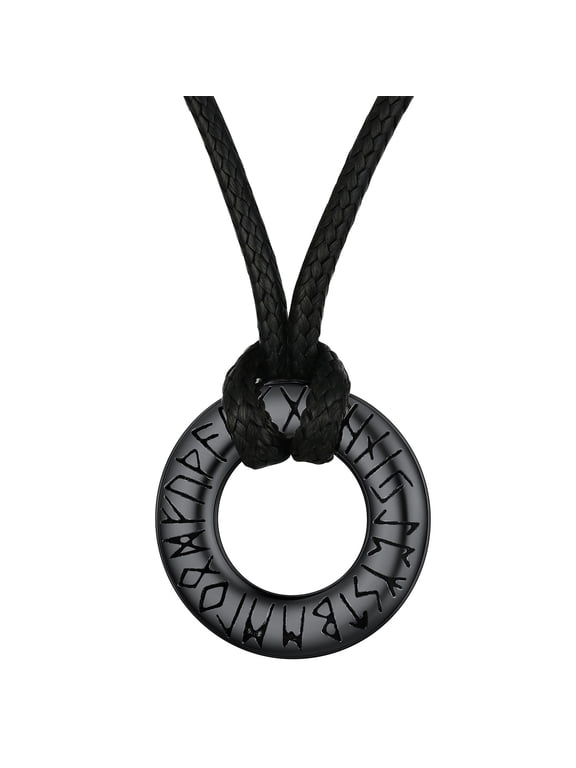 Viking Circle Rune Necklace for Men with Braided Leather Rope Chains Stainless Steel Nordic Mythology Rune Black Jewelry Gifts for Dad Son Grandson Birthday