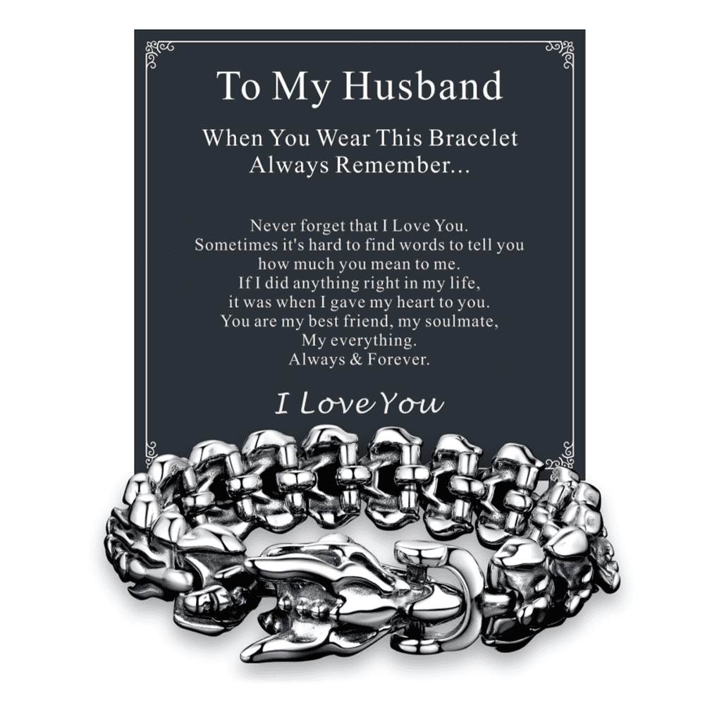 FaithHeart Viking Dragon Bracelet for Men with Card, Vintage Silver Stainless Steel Gothic Curb Link Chain Bracelet Fahion Hippop Jewelry Gift for Husband Valentines Christmas 21MM