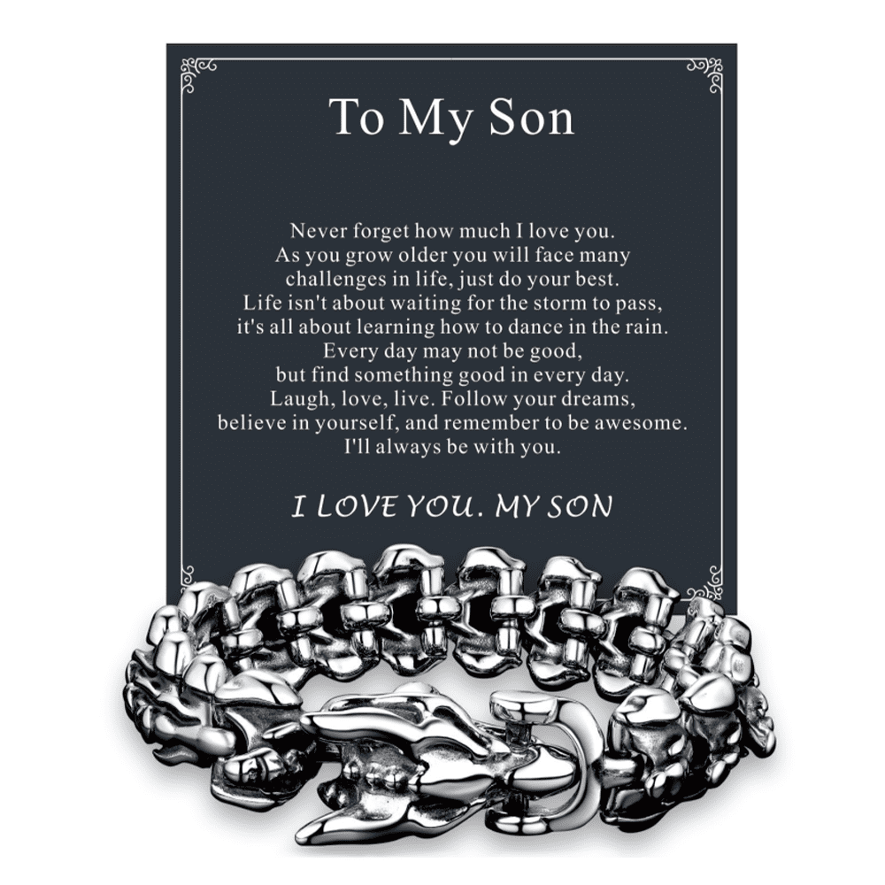FaithHeart Viking Dragon Bracelet for Men with Card, Vintage Silver Stainless Steel Punk Curb Link Chain Bracelet Fahion Hippop Jewelry Gift for Son Birthday Christmas Graduation 19MM
