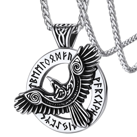 FaithHeart Viking Raven Necklace Mens Pendant Stainless Steel Retro Crow Rune Necklace Norse Amulet Jewelry Gift for Son Brother Christmas
