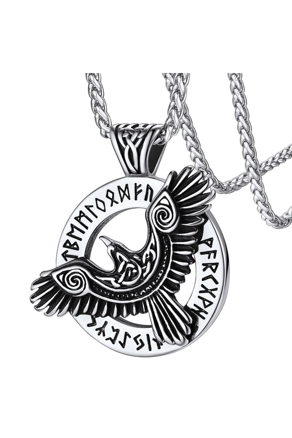 Viking Raven Necklace Mens Pendant Stainless Steel Retro Crow Rune Necklace Norse Amulet Jewelry Gift for Son Brother Christmas
