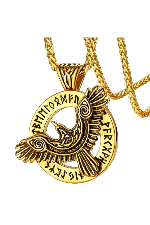 Viking Raven Necklace Mens Pendant Gold Plated Stainless Steel Retro Crow Rune Necklace Norse Amulet Jewelry Gift for Boyfriend Husband Valentine's Day