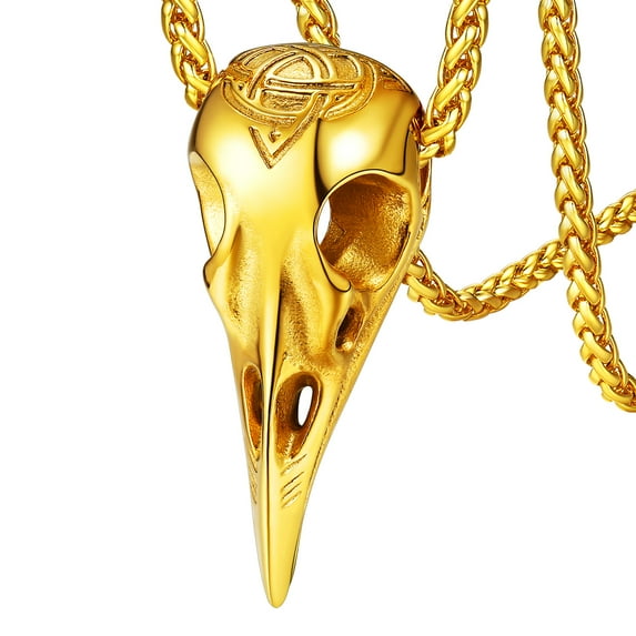 FaithHeart Viking Raven Skull Necklace for Men Gold Plated Stainless Steel Celtic Knot Odin Crow Pendant Norse Amulet Jewelry Gift for Dad Son Birthday Fathers Day