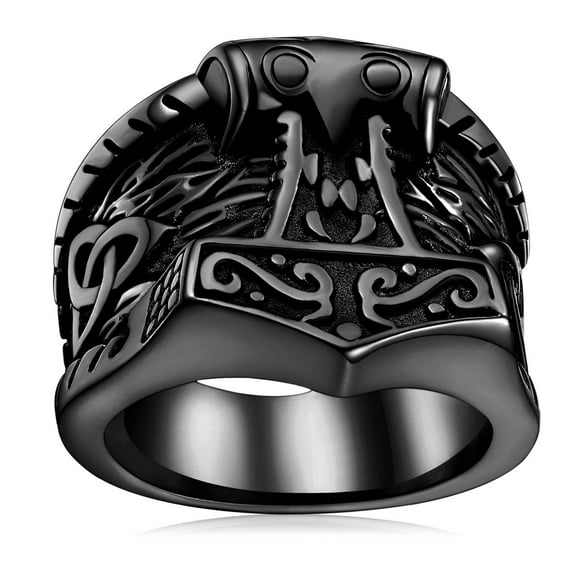 FaithHeart Viking Thor's Hammer Mjolnir Ring for Men Black Stainless Steel Norse Scandinavian Jewelry Vintage Rune Celtic Knot Protection Amulet for Dad Birthday Gift Size 9