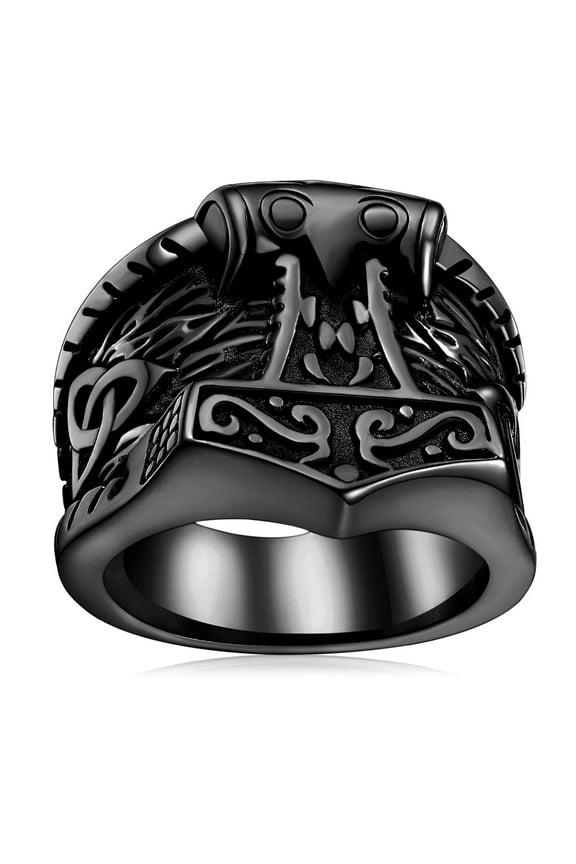 Viking Thor's Hammer Mjolnir Ring for Men Black Stainless Steel Norse Scandinavian Jewelry Vintage Rune Celtic Knot Protection Amulet for Dad Birthday Gift Size 9