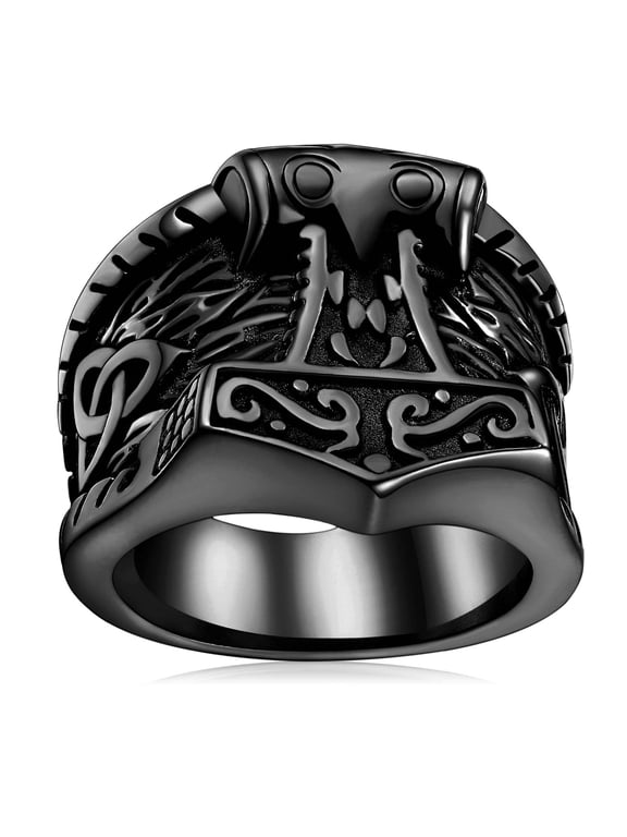 Viking Thor's Hammer Mjolnir Ring for Men Black Stainless Steel Norse Scandinavian Jewelry Vintage Rune Celtic Knot Protection Amulet for Dad Birthday Gift Size 10