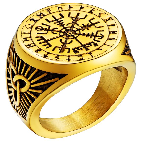 FaithHeart Viking Vegvisir Pirate Compass Mens Band Ring Gold Stainless Steel Norse Scandinavian Jewelry Vintage Rune Celtic Knot Protection Amulet for Dad Birthday Gift Size 12