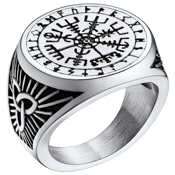 FaithHeart Viking Vegvisir Pirate Compass Thumb Ring for Men Stainless Steel Norse Scandinavian Jewelry Vintage Rune Celtic Knot Protection Amulet for Dad Birthday Gift Size 7