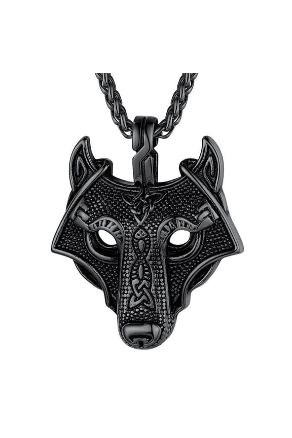 Viking Wolf Head Necklace for Men Black Norse Pendant Charms Celtic Amulet Jewelry Gift for Boyfriend Husband Valentine's Day