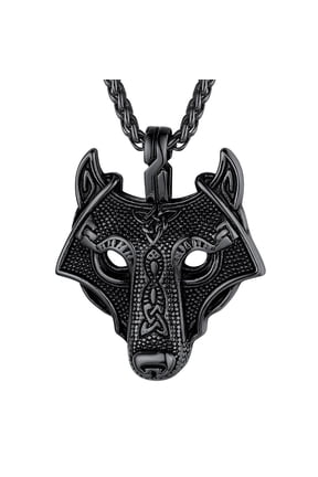 Viking Wolf Head Necklace for Men Black Norse Pendant Charms Celtic Amulet Jewelry Gift for Boyfriend Husband Valentine's Day