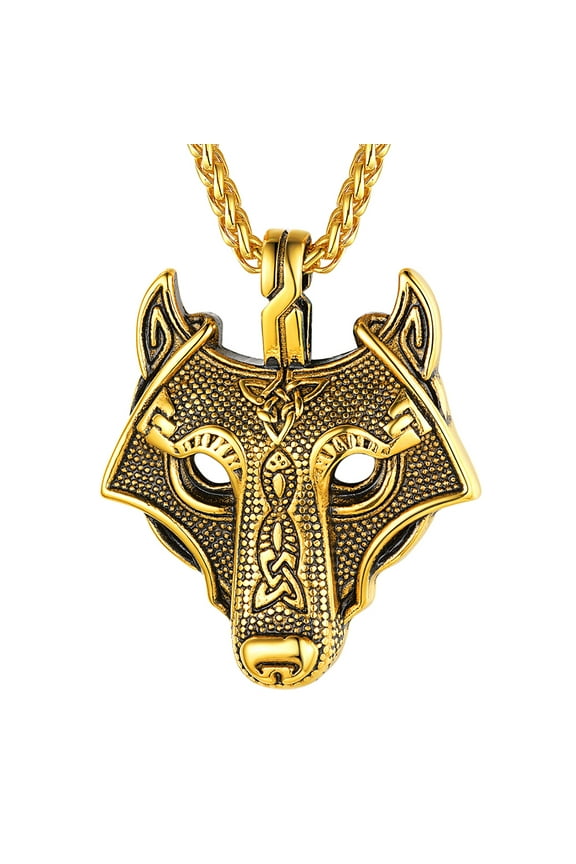 Viking Wolf Head Necklace for Men Gold Plated Norse Pendant Charms Celtic Amulet Jewelry Gift for Friends Grandson Birthday