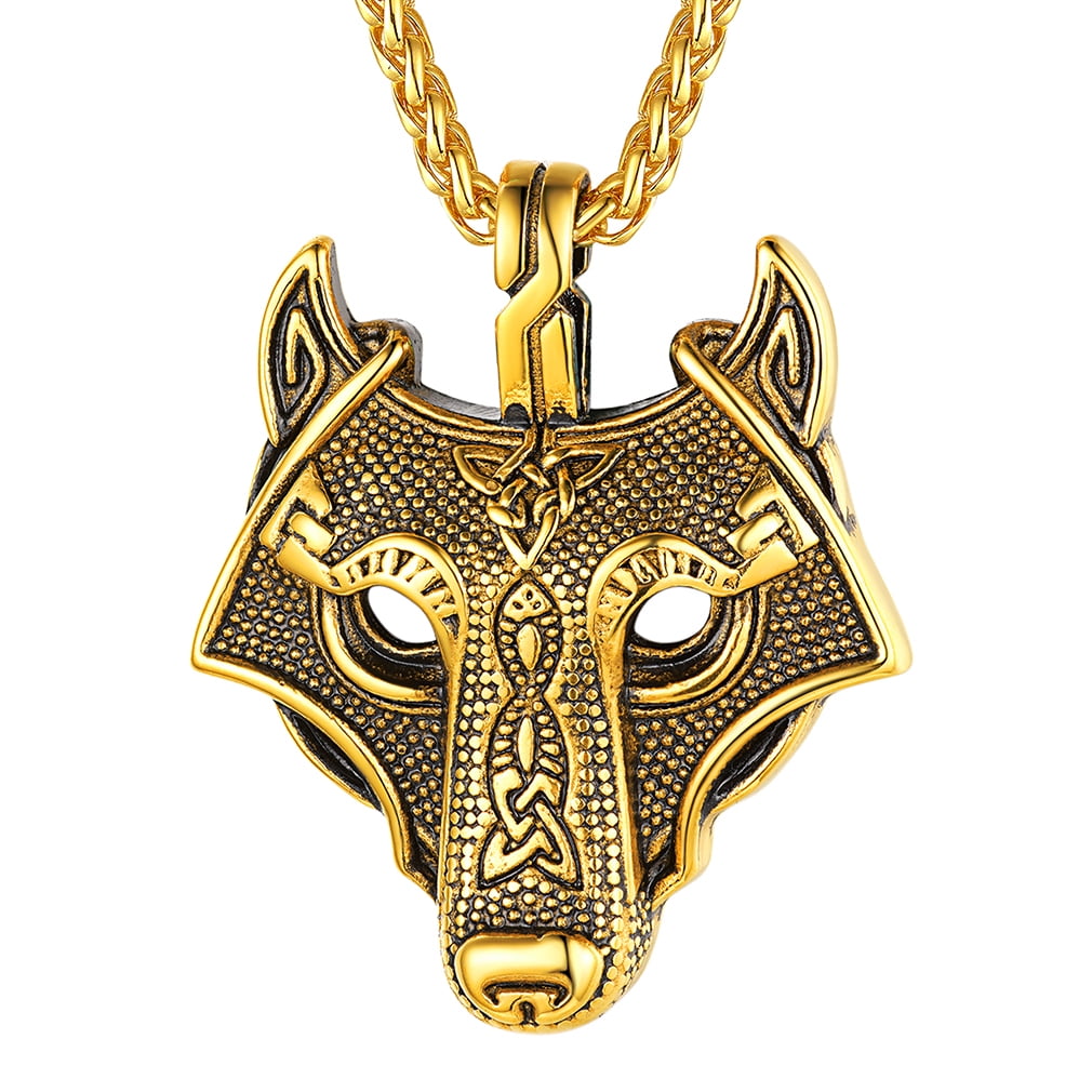 FaithHeart Viking Wolf Head Necklace for Men Norse Pendant Charms