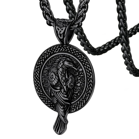 FaithHeart Vintage Raven Necklace Men Black Stainless Steel Nordic Vikings Celtic Wicca Pagan Pendant Jewelry Gift for Boyfriend Husband Valentine's Day