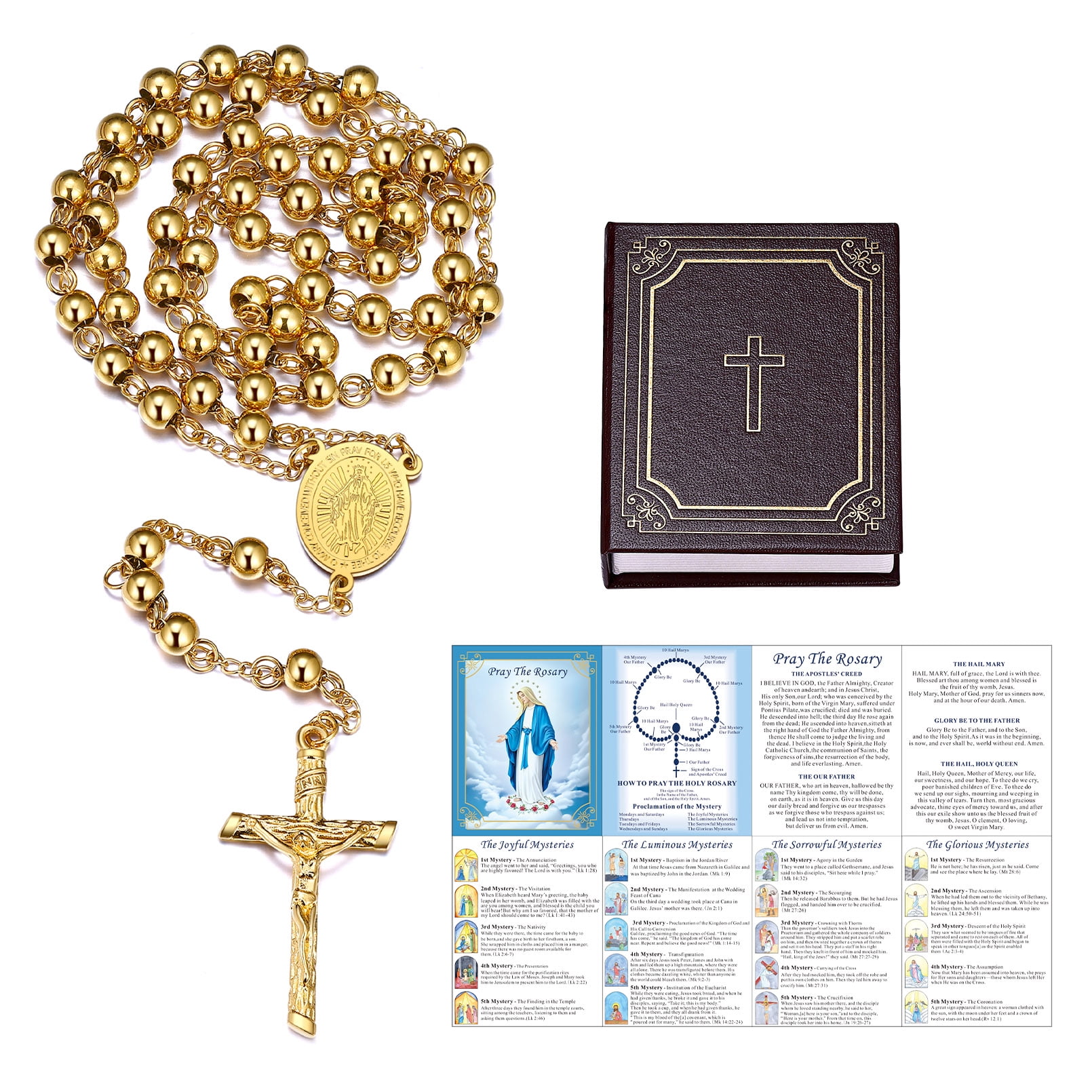 FaithHeart Virgin Mary Rosary Necklace for Women 14K Gold Plated Stainless Steel Bead Catholic Christian Church Jesus Crucifix Cross Necklace with Pray Card Mothers Day Jewelry Gift for Grandmother
