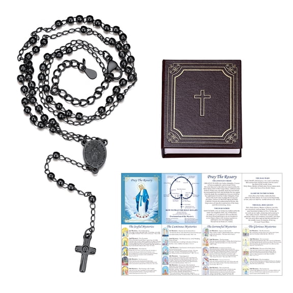 FaithHeart Virgin Mary Rosary Necklace for Women Black Stainless Steel Dainty Holy Blessed Bead Catholic Christian Church Jesus Cross Necklace with Pray Card Easter Jewelry Gift for Mother