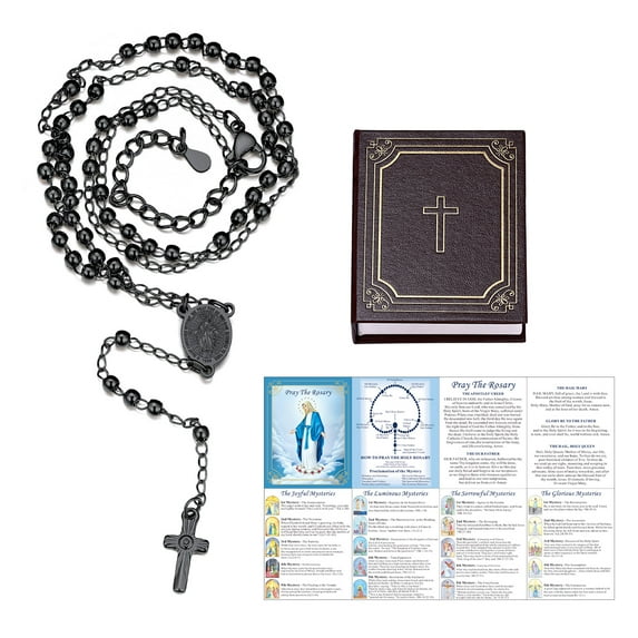 FaithHeart Virgin Mary Rosary Necklace for Women Black Stainless Steel Dainty Holy Blessed Bead Catholic Christian Church Jesus Cross Necklace with Pray Card Easter Jewelry Gift for Mother