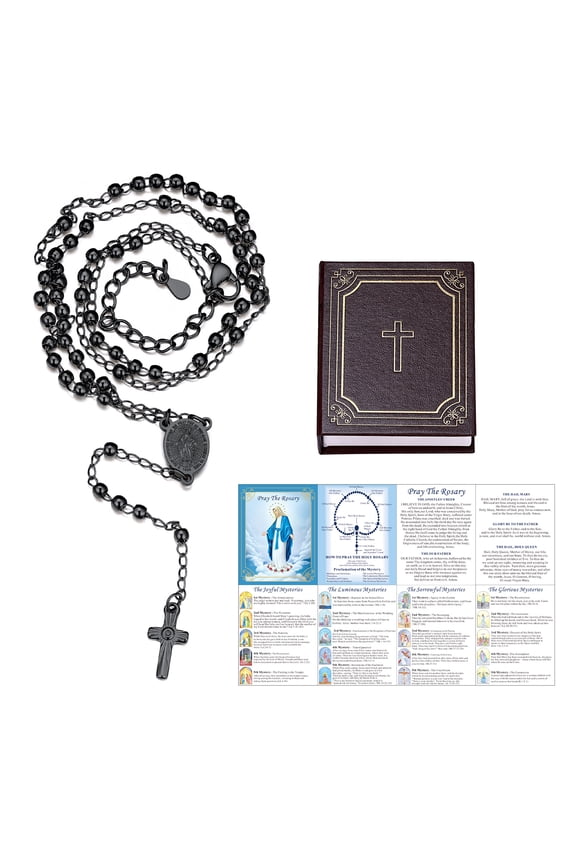 Virgin Mary Rosary Necklace for Women Black Stainless Steel Dainty Holy Blessed Bead Catholic Christian Church Jesus Cross Necklace with Pray Card Easter Jewelry Gift for Mother