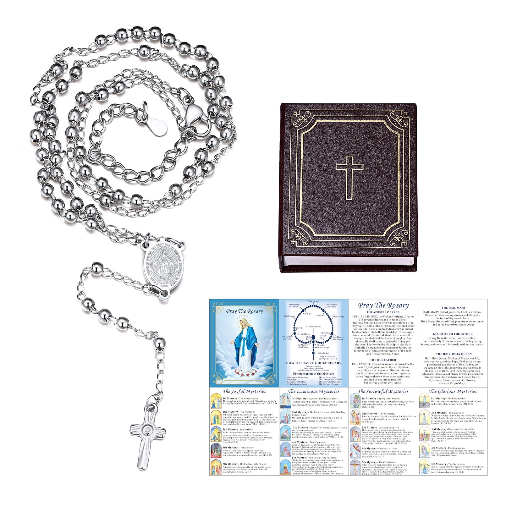 FaithHeart Virgin Mary Rosary Necklace for Women Silver Stainless Steel Dainty Holy Blessed Bead Catholic Christian Church Jesus Cross Necklace with Pray Card Christmas Jewelry Gift for Grandma