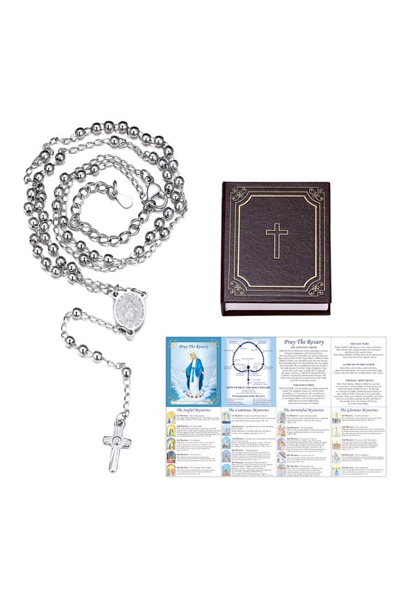 Virgin Mary Rosary Necklace for Women Silver Stainless Steel Dainty Holy Blessed Bead Catholic Christian Church Jesus Cross Necklace with Pray Card Christmas Jewelry Gift for Grandma