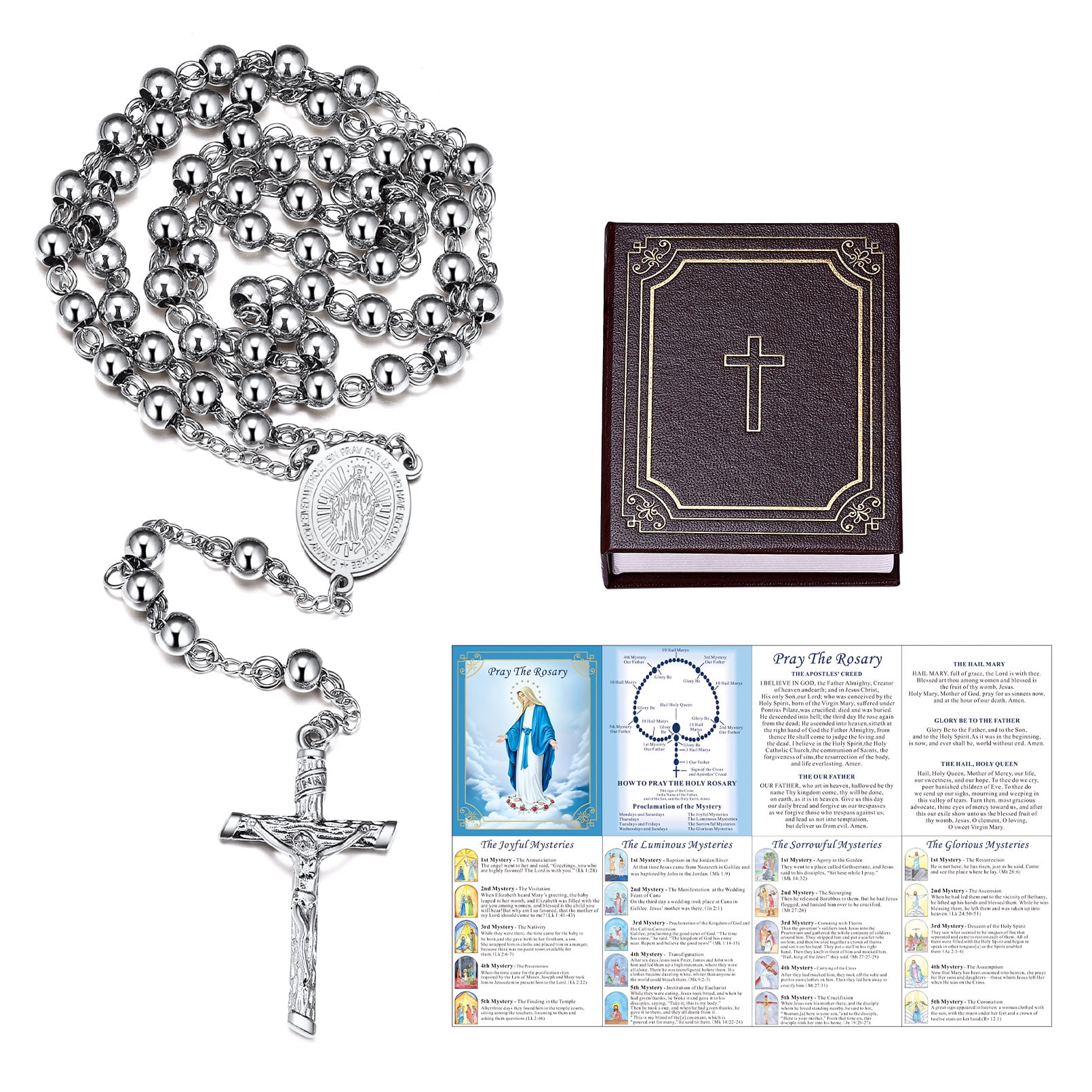 FaithHeart Virgin Mary Rosary Necklace for Women Silver Stainless Steel Holy Blessed Bead Catholic Christian Church Jesus Crucifix Cross Necklace with Pray Card Easter Jewelry Gift for Mother